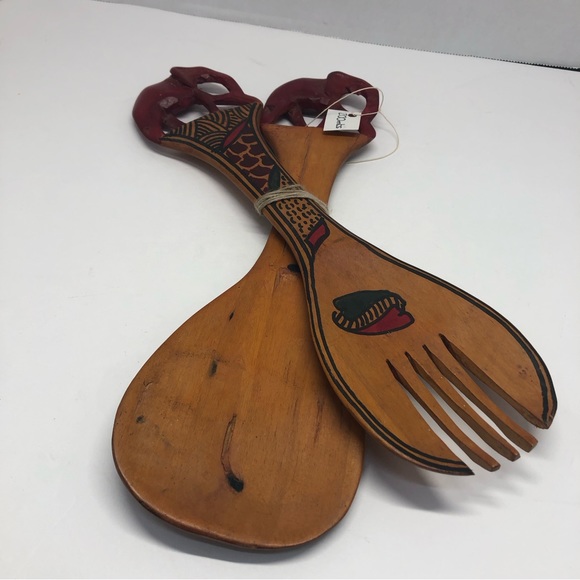 VTG African Hand Carved Wooden Elephant Trunk Down Salad Fork And Spoon - Picture 4 of 14